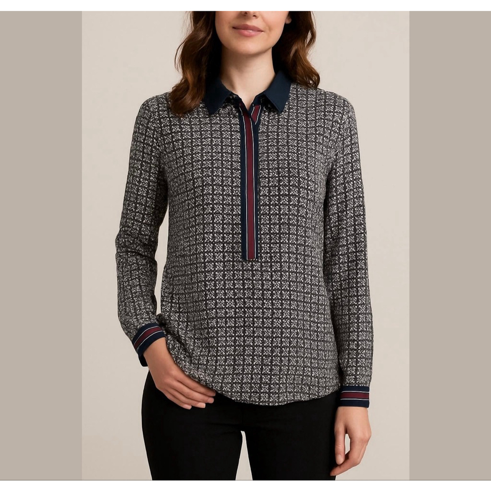 LOFT half button Hanley top tunic blouse shirt Geometric print burgundy Sz M
